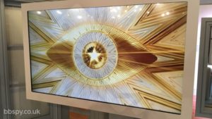 Celebrity Big Brother summer 2017 - bbspy exclusive launch night house tour: Eye logo on the screen in the lounge